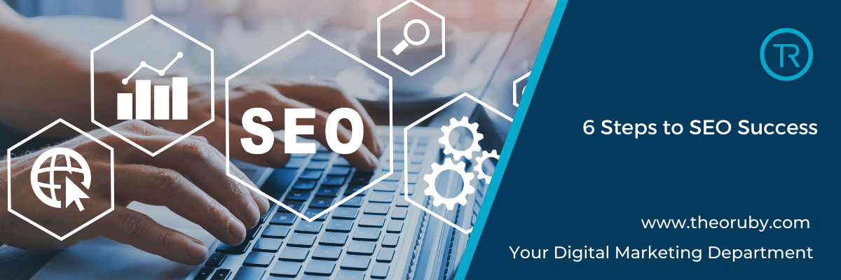 6 Steps to SEO Success - gears over a keyboard with the word SEO.