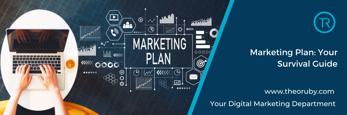 Marketing Plan Your Survival Guide - laptop with ideas coming from it marketing plan in the centre
