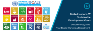 Text that says United Nations 17 Sustainable Development Goals on a dark blue background next to an image of the 17 goals