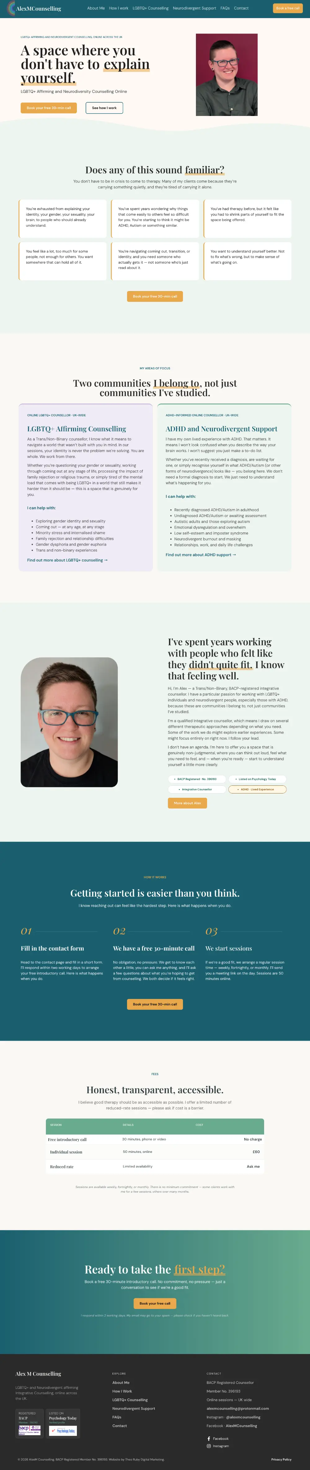 Screenshot of the whole Alex M Counselling home page