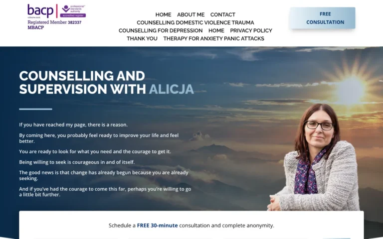 Home page of the Alicja Counselling and Supervision website