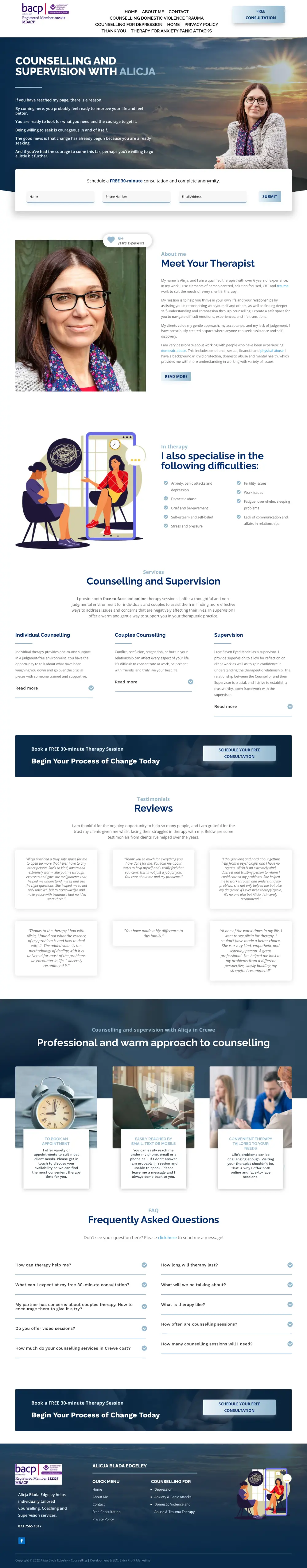Screenshot of the whole Alicja Counselling and Supervision home page