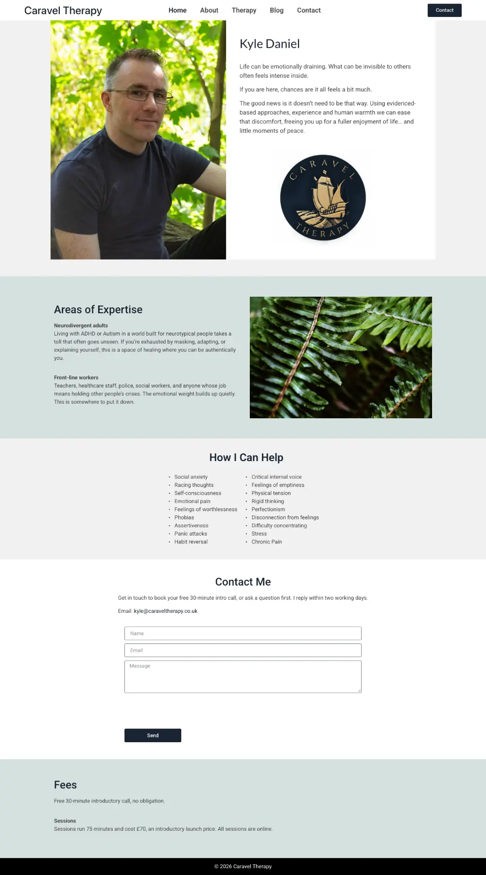 Screenshot of the whole Caravel Therapy home page