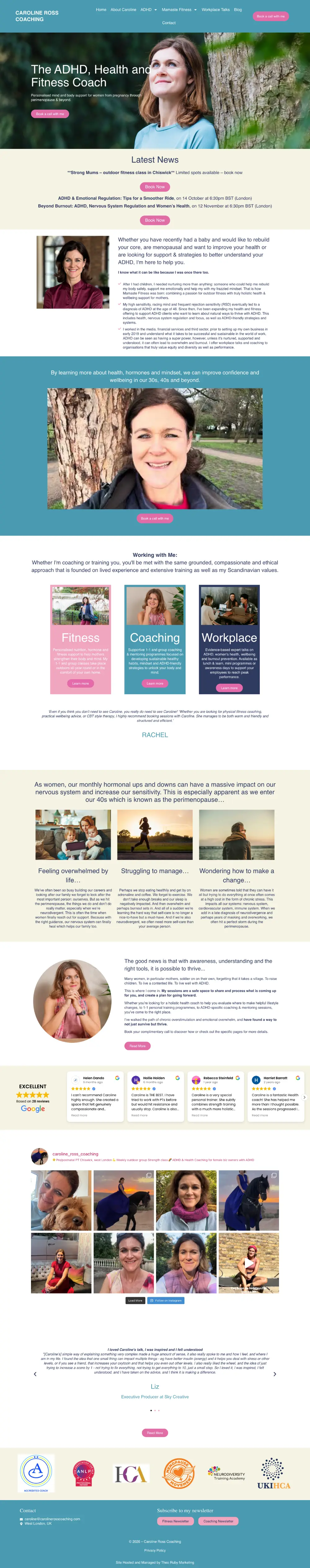 Screenshot of the whole Caroline Ross Coaching home page