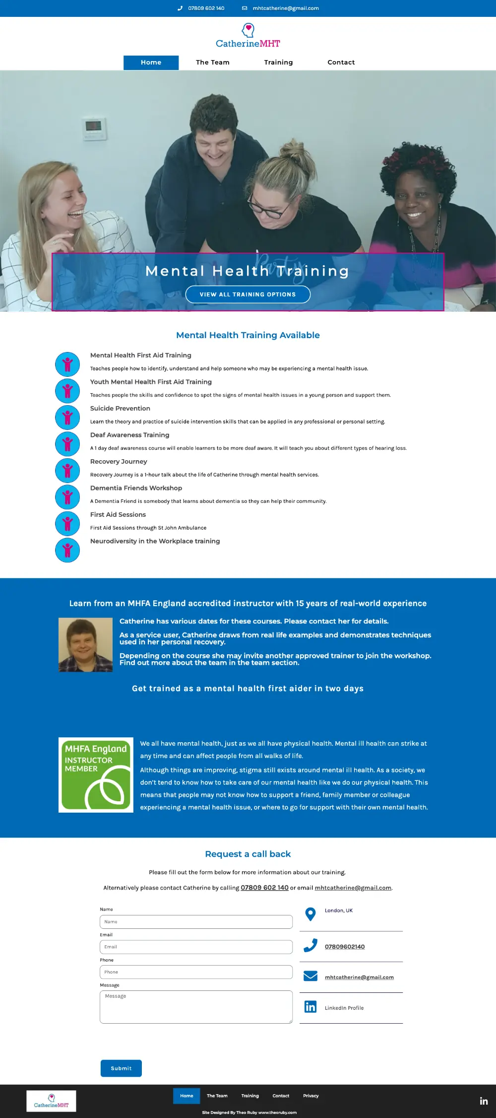 Screenshot of the whole Catherine Mental Health Training home page