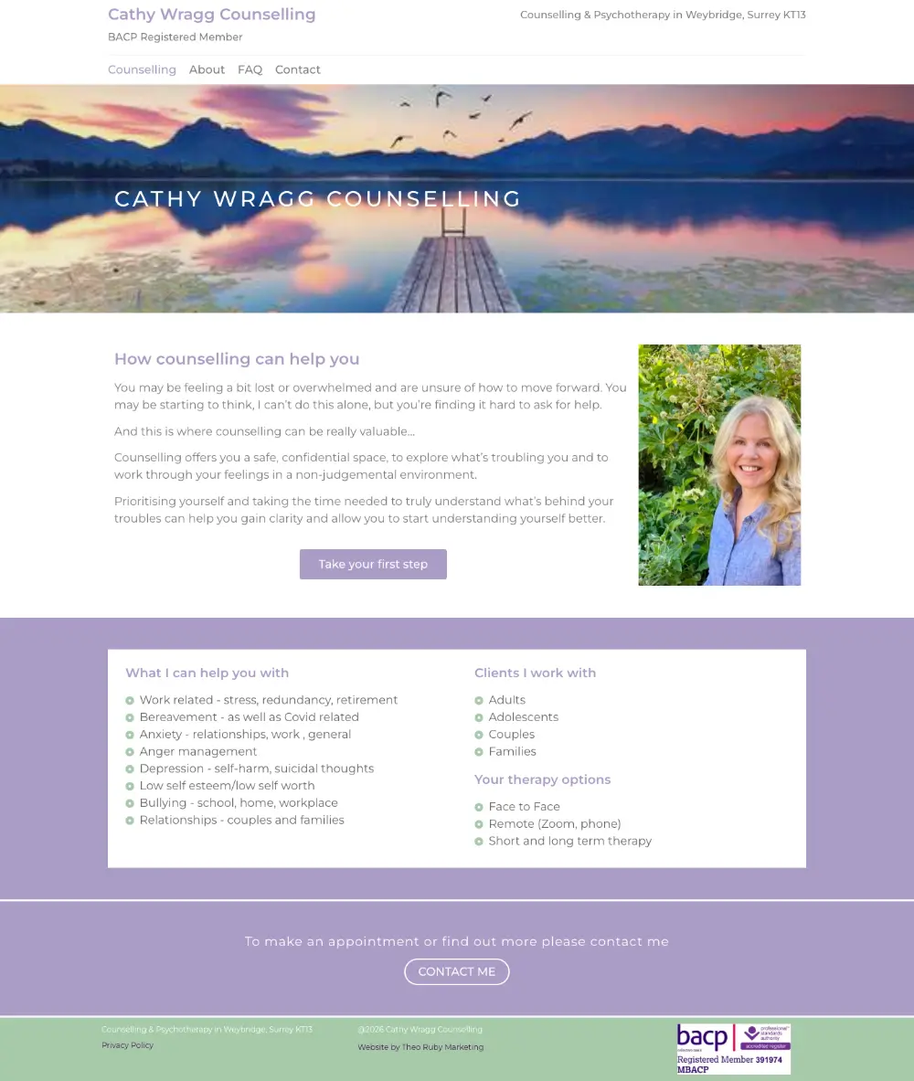 Screenshot of the whole Cathy Wragg Counselling home page