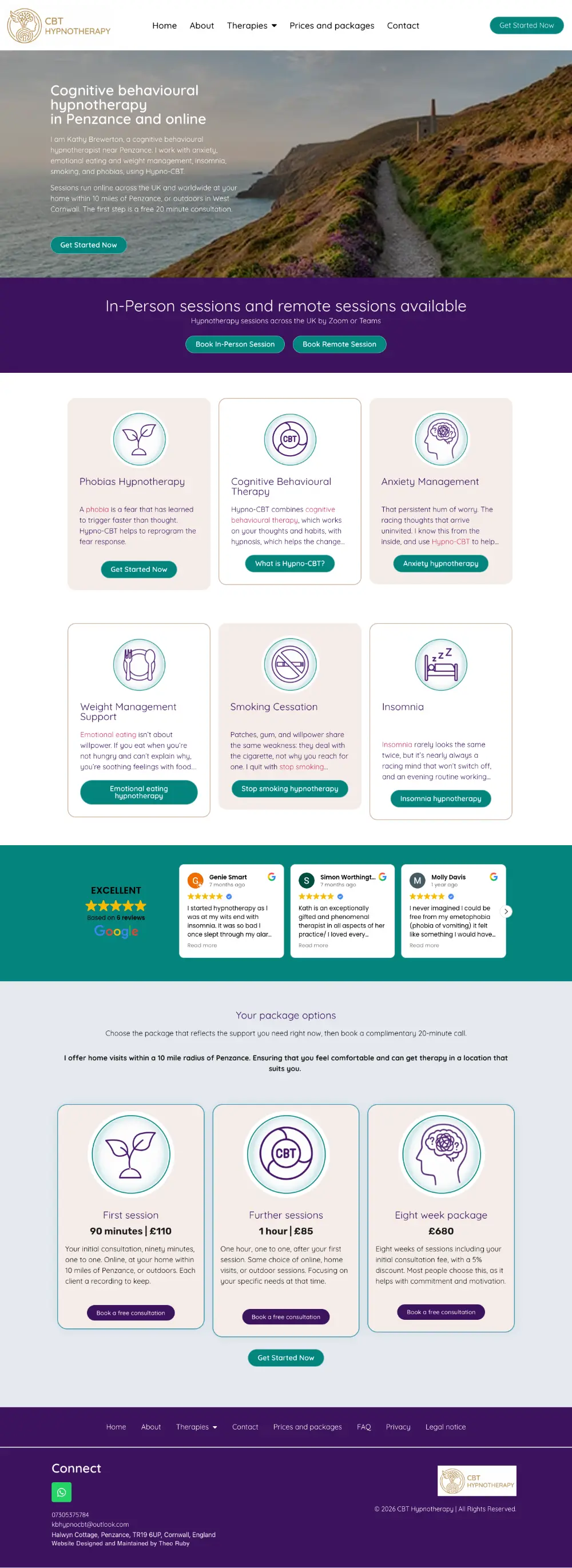 Screenshot of the whole CBT Hypnotherapy home page