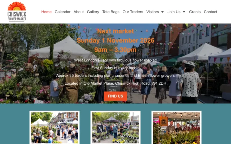 Home page of the Chiswick Flower Market website