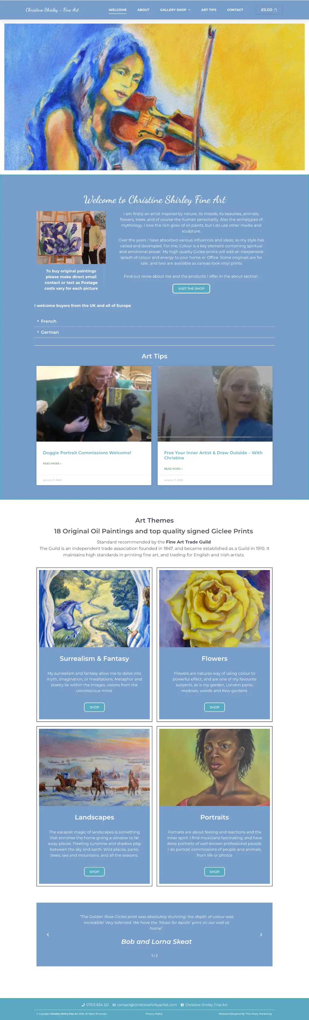 Screenshot of the whole Christine Shirley Fine Art home page
