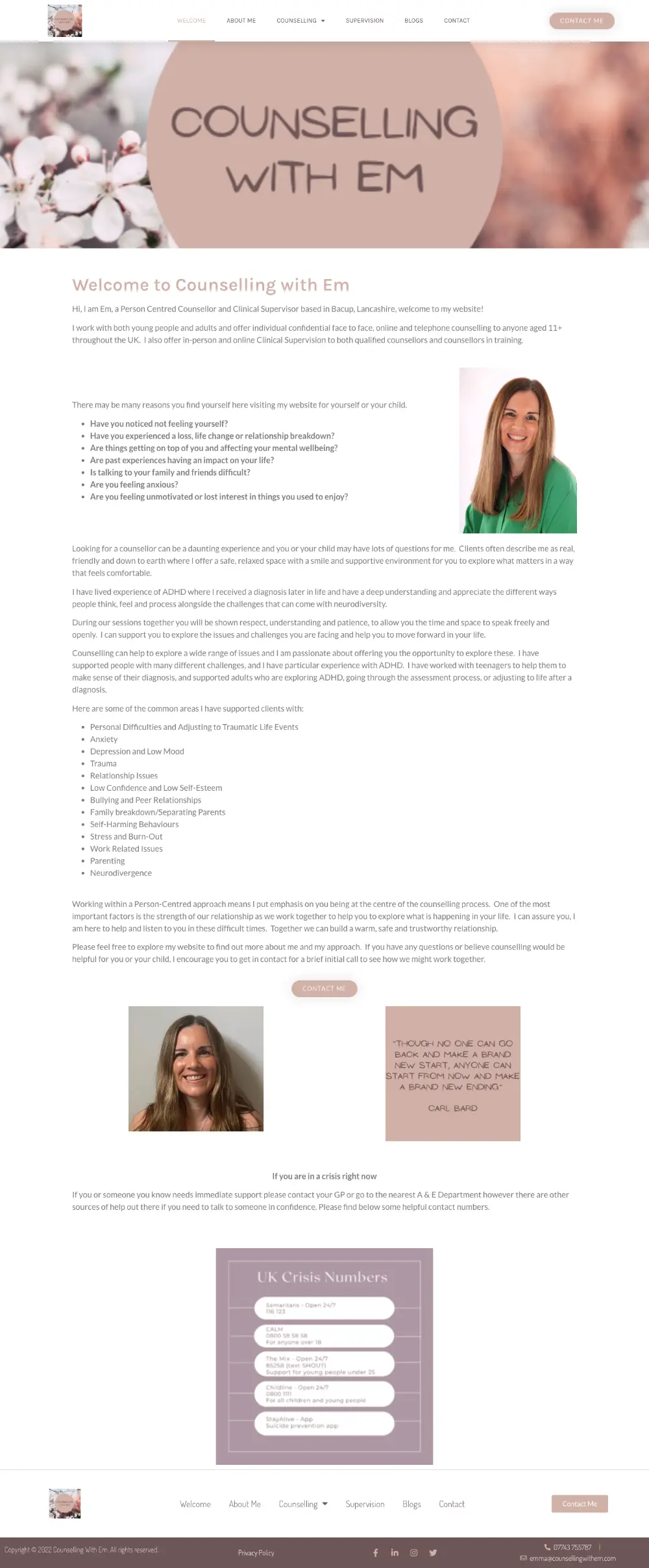 Screenshot of the whole Counselling With Em home page