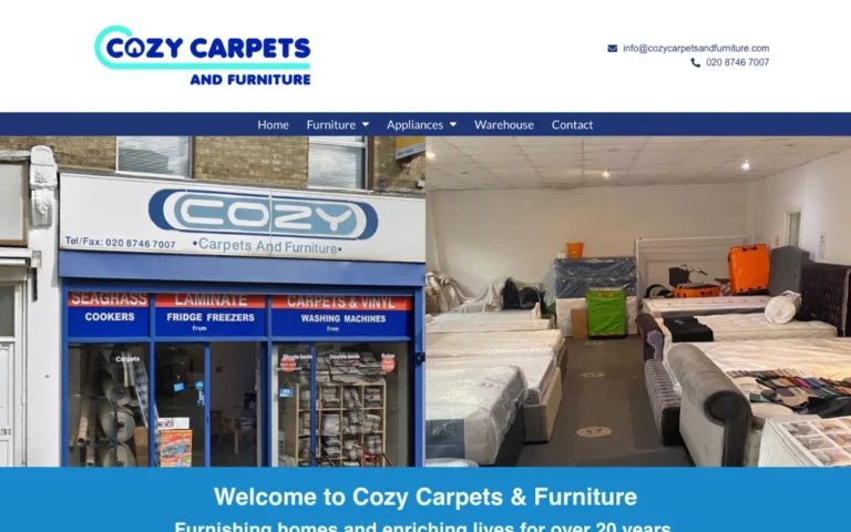 Home page of the Cozy Carpets & Furniture website