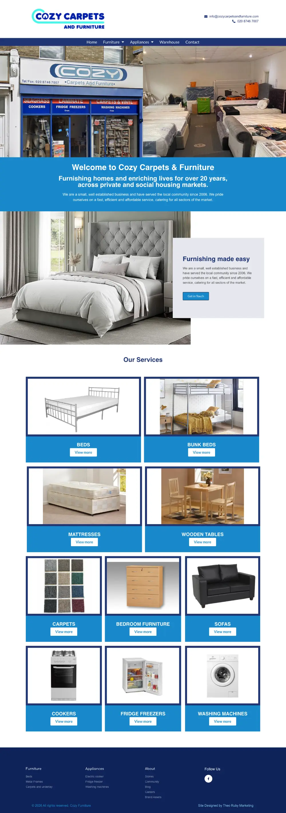 Screenshot of the whole Cozy Carpets & Furniture home page