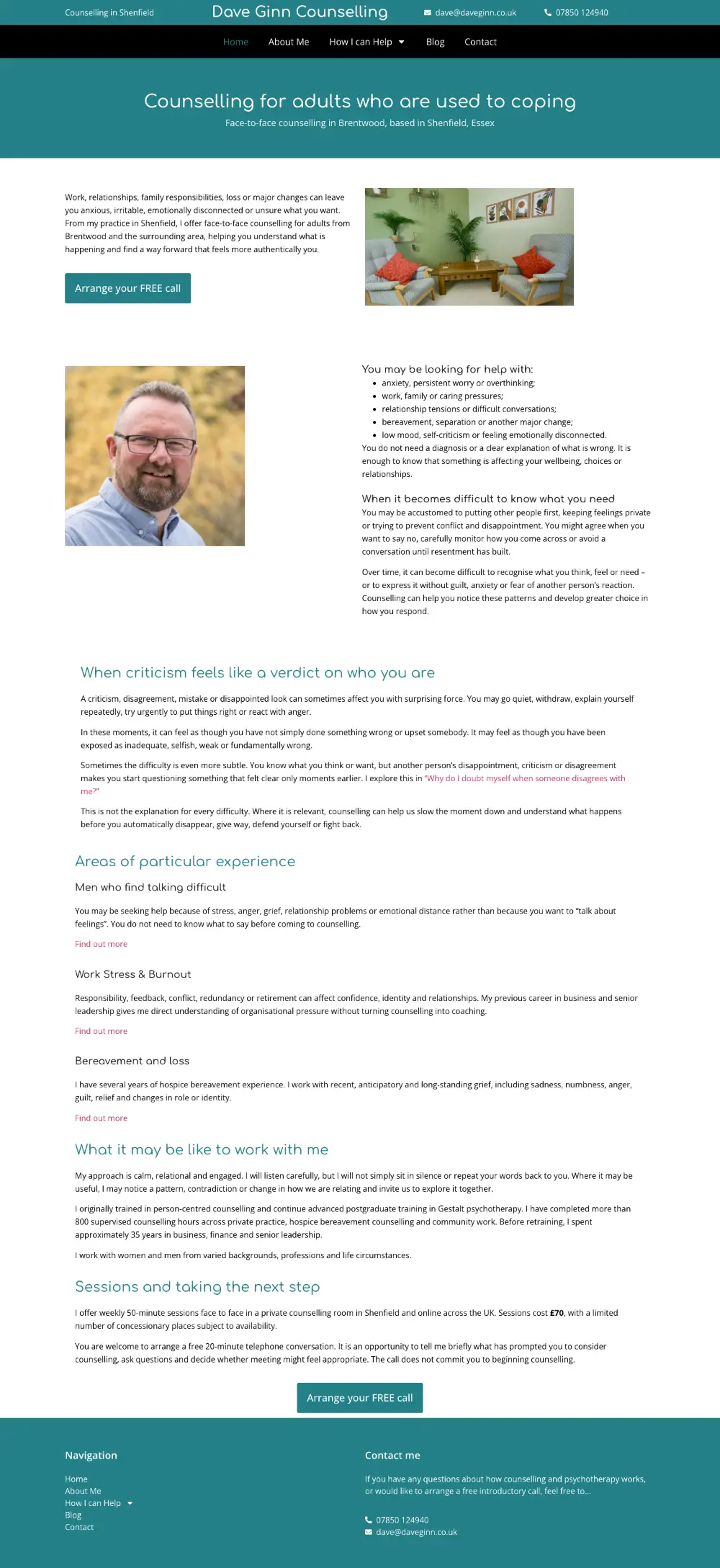 Screenshot of the whole Dave Ginn Counselling home page