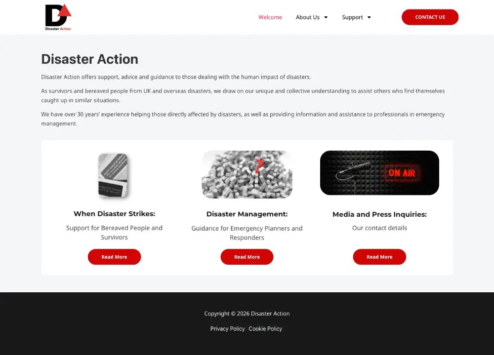 Screenshot of the whole Disaster Action home page