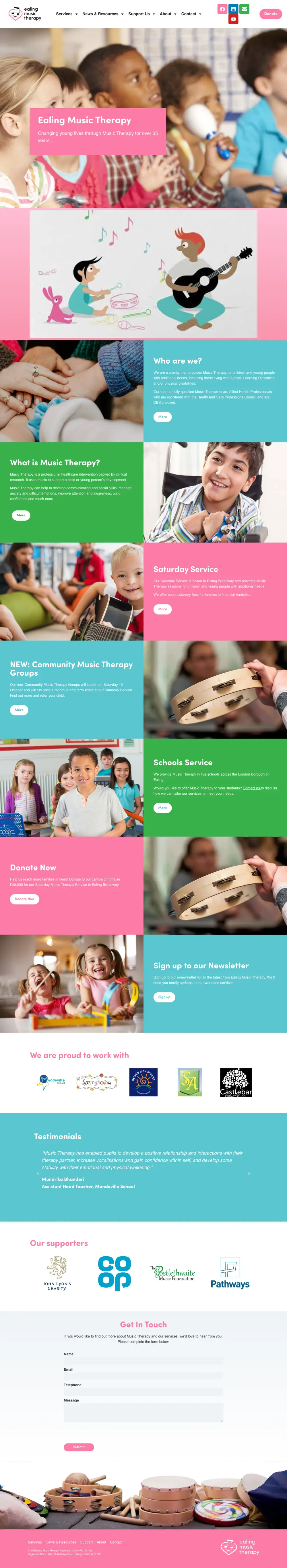 Screenshot of the whole Ealing Music Therapy home page