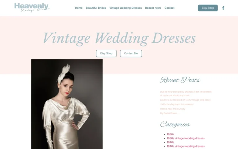 Home page of the Heavenly Vintage Brides website