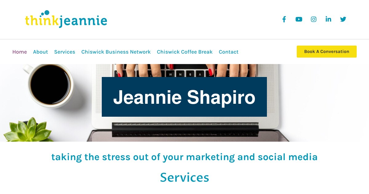 Jeannie Shapiro website homepage, tinted blue with the name Jeannie Shapiro on top