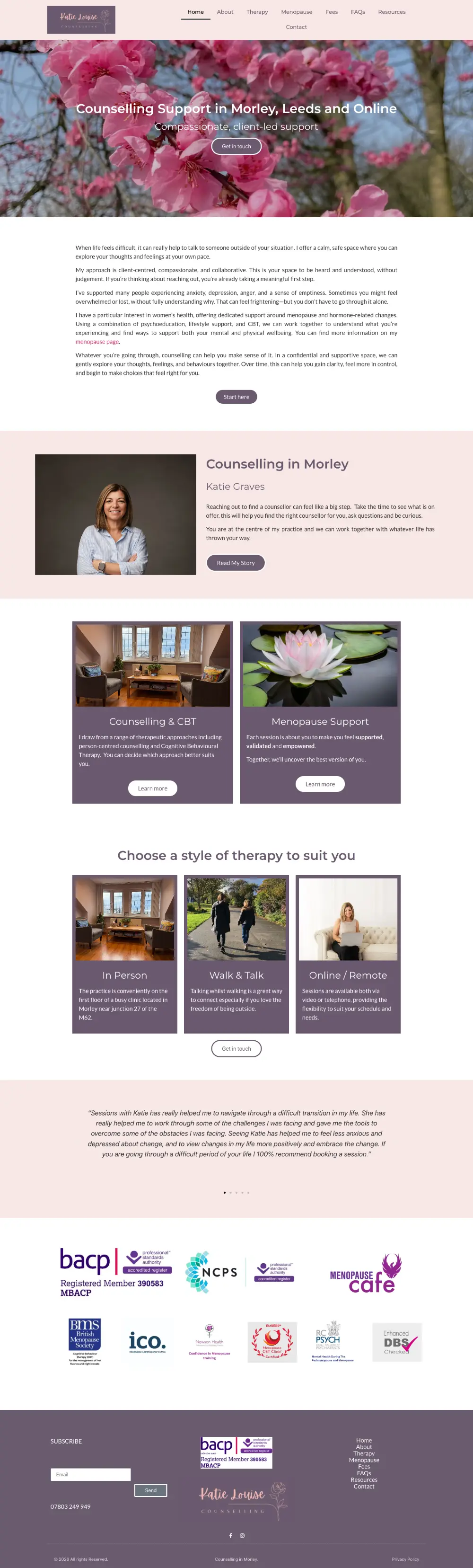Screenshot of the whole Katie Louise Counselling home page