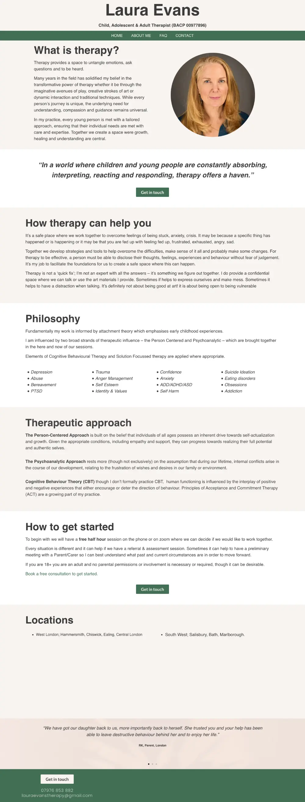Screenshot of the whole Laura Evans Therapy home page