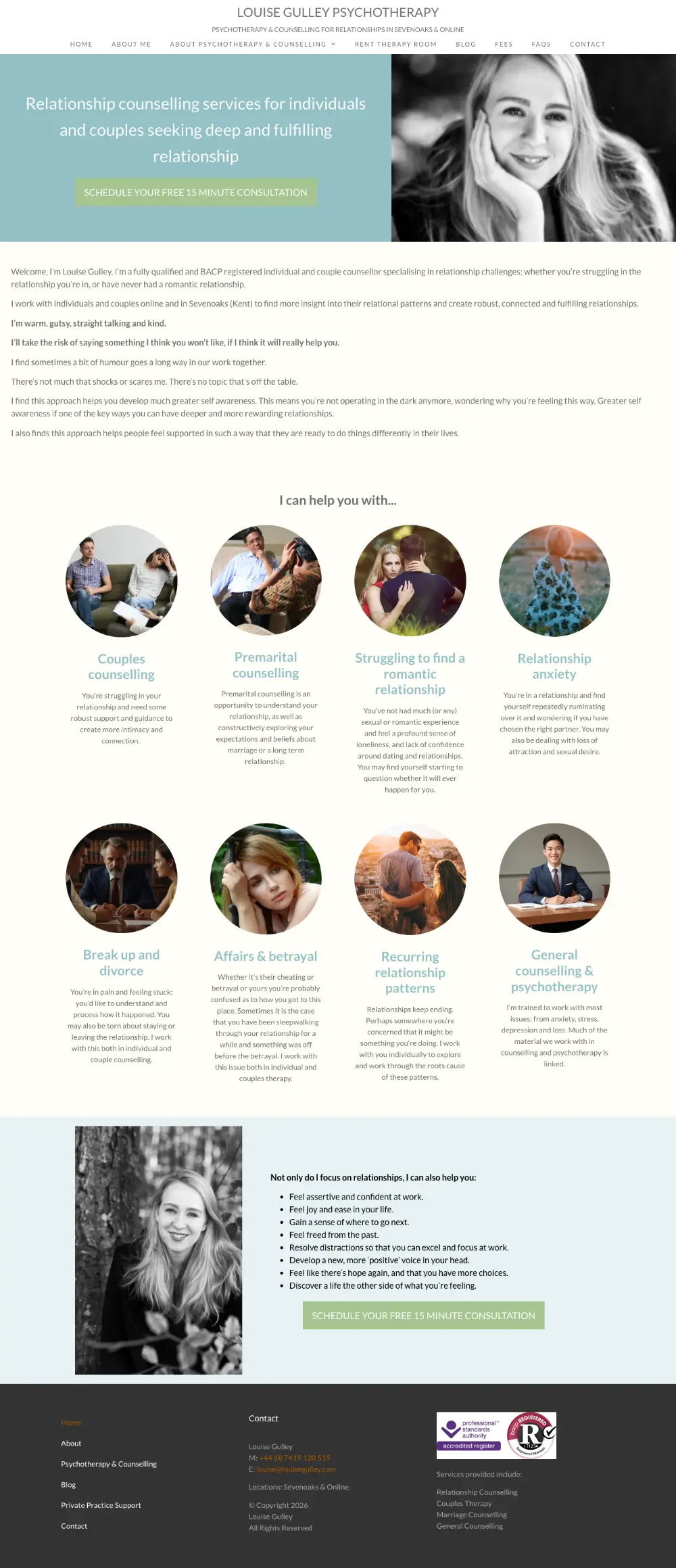 Screenshot of the whole Louise Gulley Psychotherapy home page