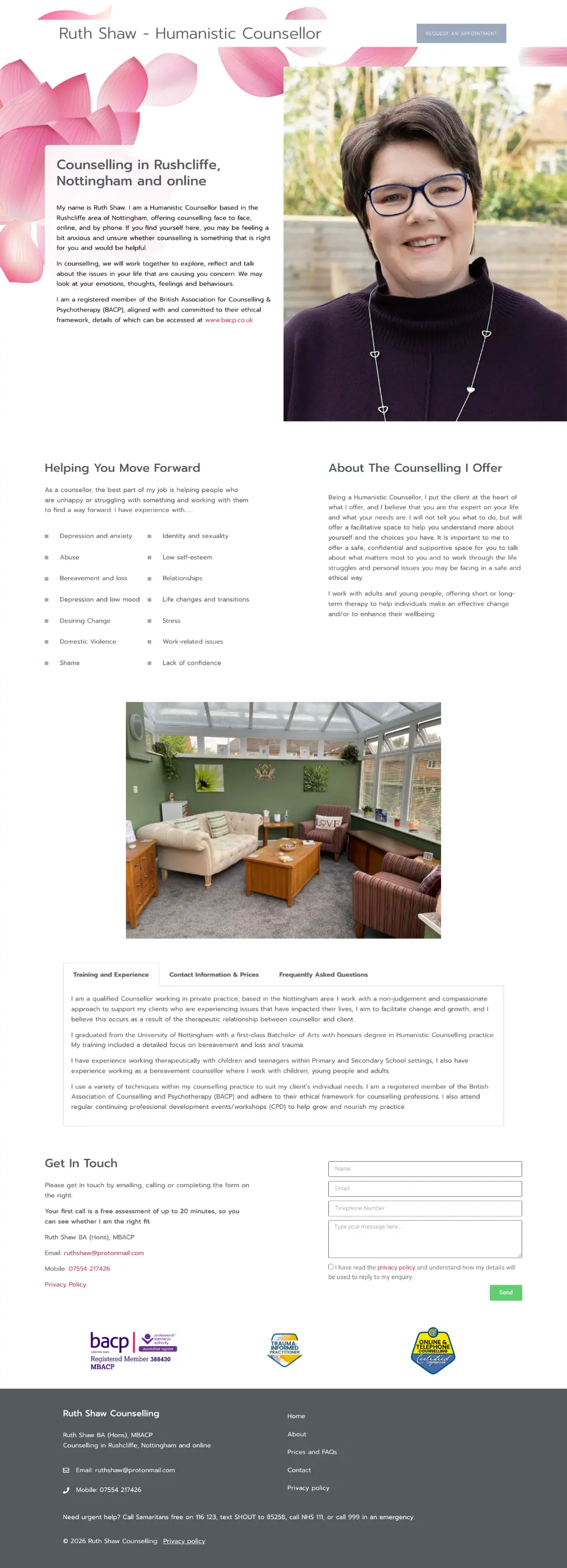 Screenshot of the whole Ruth Shaw Counselling home page