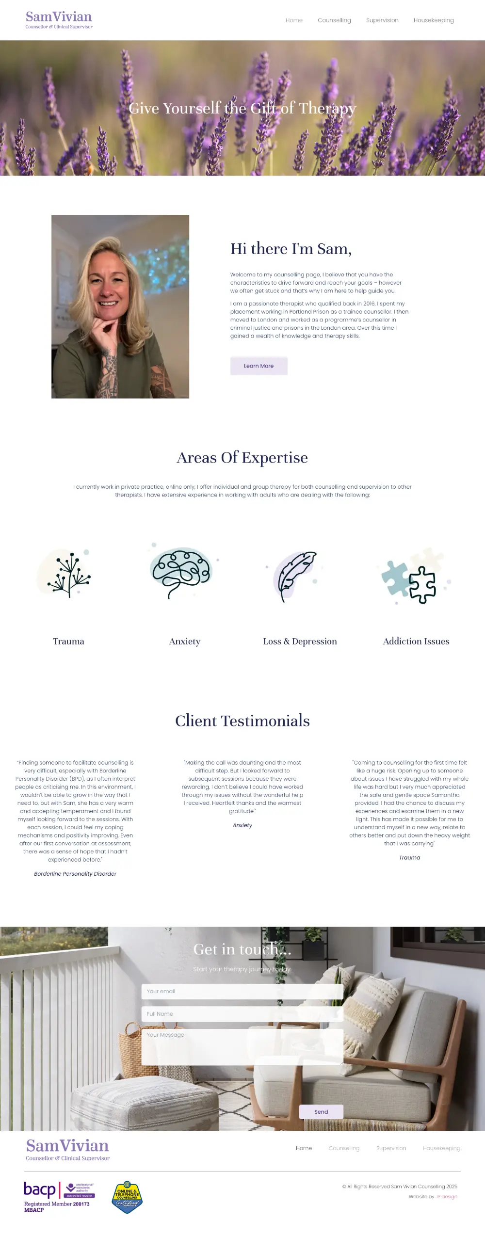 Screenshot of the whole Sam Vivian Counselling home page