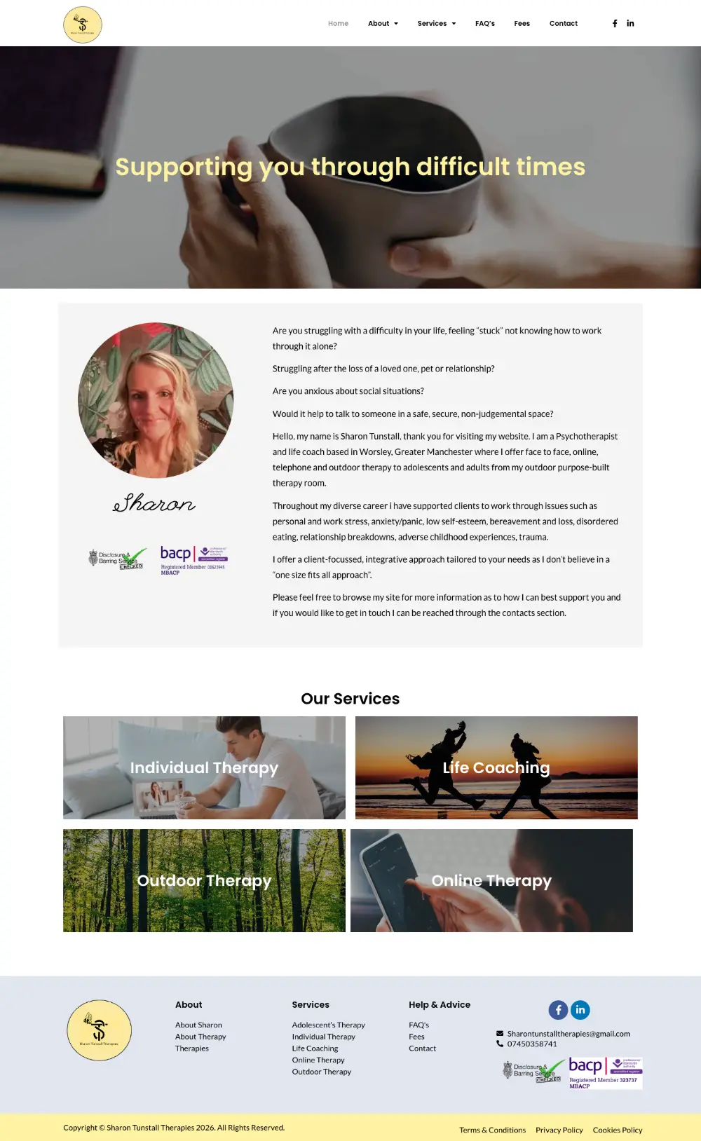 Screenshot of the whole Sharon Tunstall Therapies home page