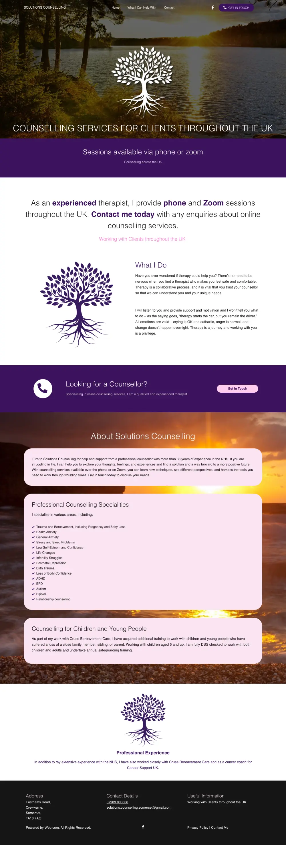 Screenshot of the whole Solutions Counselling home page