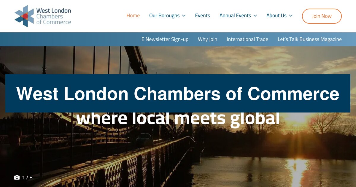 West London Chambers of Commerce website homepage, tinted blue with the name West London Chambers of Commerce on top
