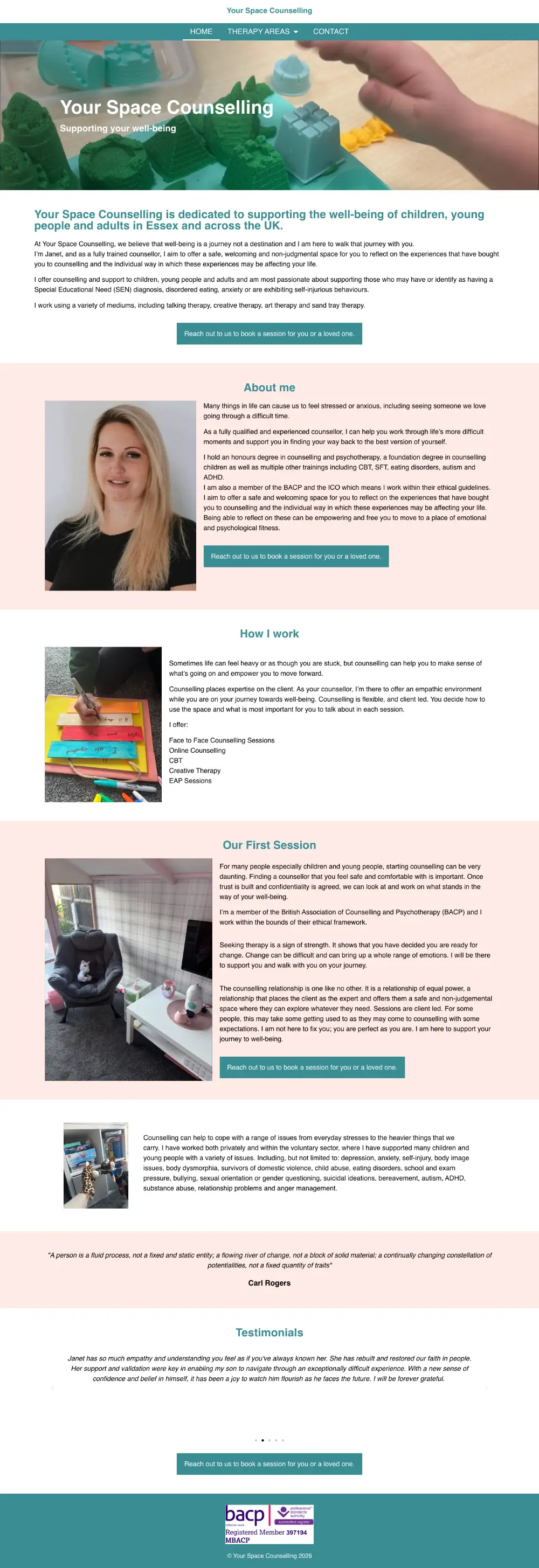 Screenshot of the whole Your Space Counselling home page